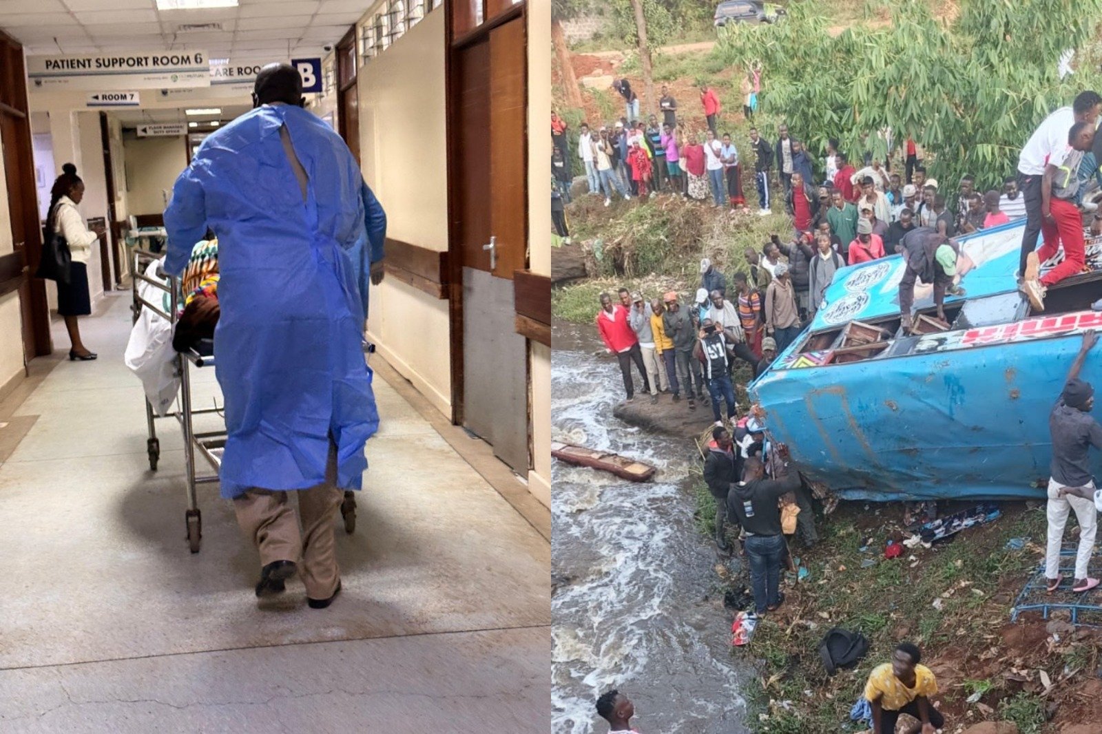 Collage photo of a medic at KNH and a bus that plunged into a river in Wakuru